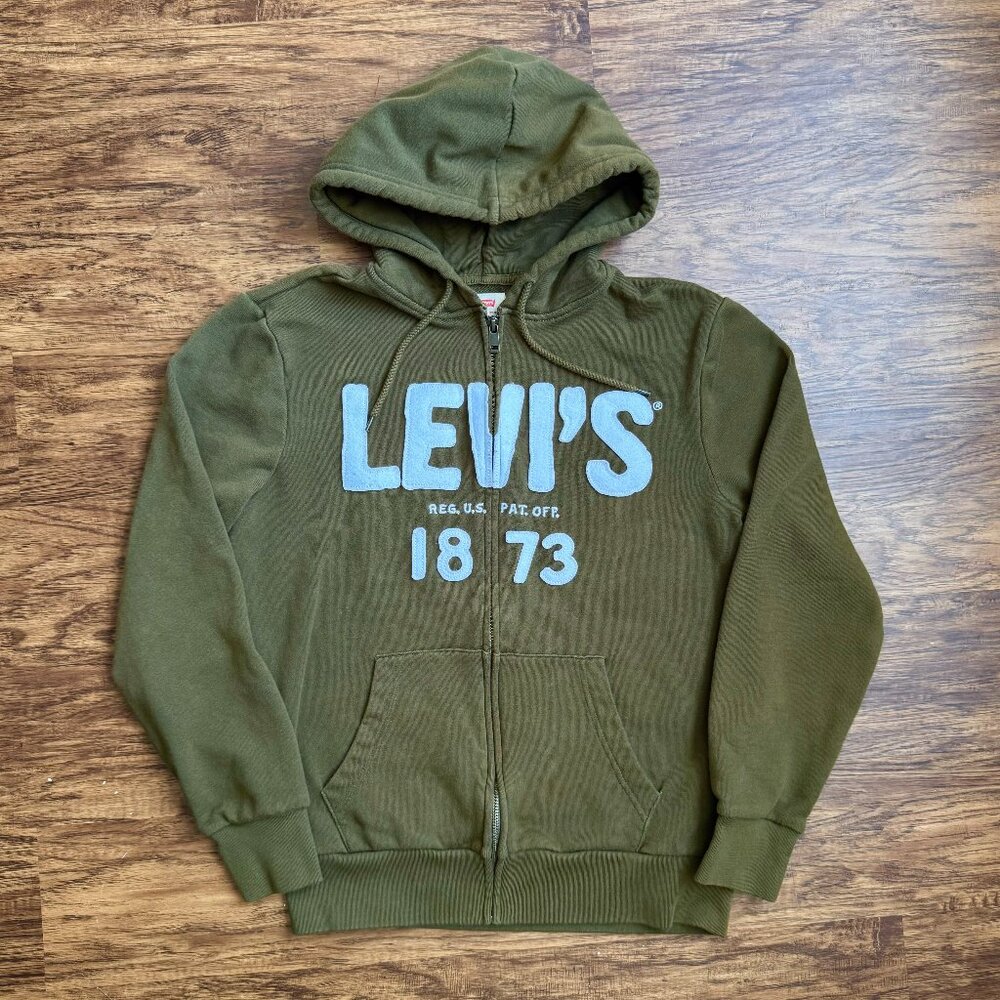 Levi's 1873 Full Zip Hoodie Sweatshirt Mens Medium Green Embroider Logo Spellout